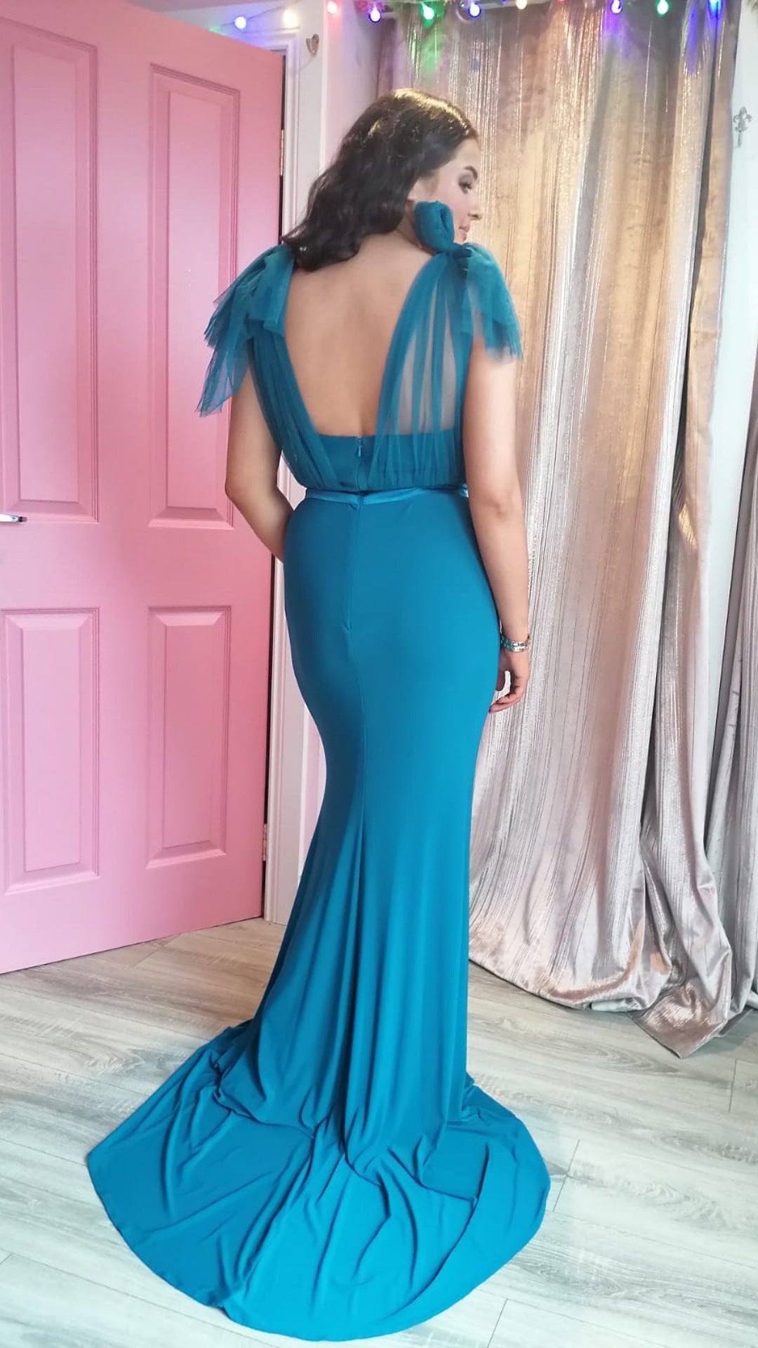 Alice Teal V Neck Fitted Bridesmaids Dress