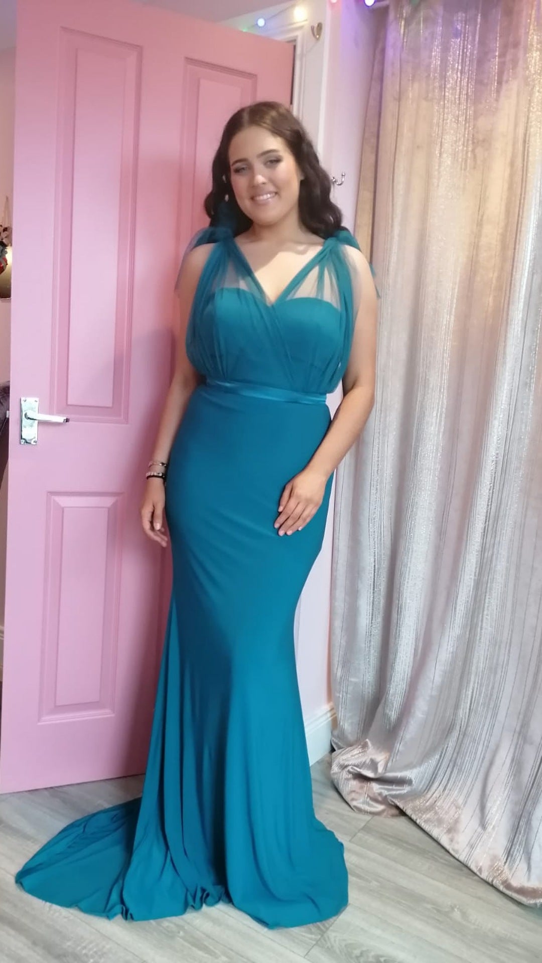 Alice Teal V Neck Fitted Bridesmaids Dress