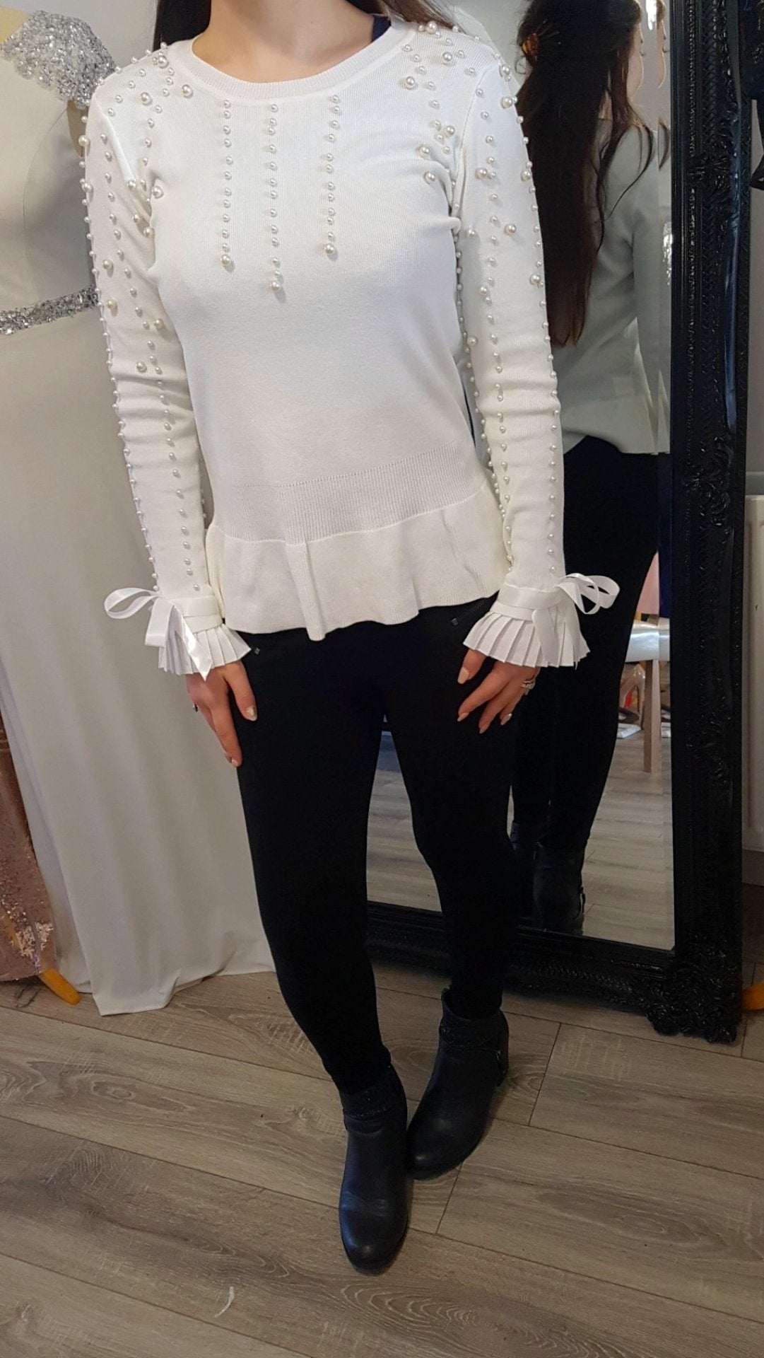 Ivory Pearl and Bow Sleeve Detailed Jumper