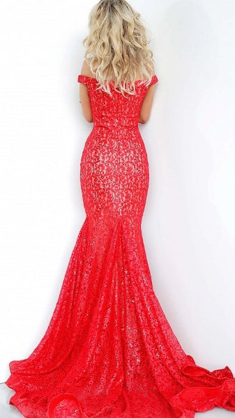 Casie Red Laced Flowing Trail Of The Shoulder Formal Prom Dress