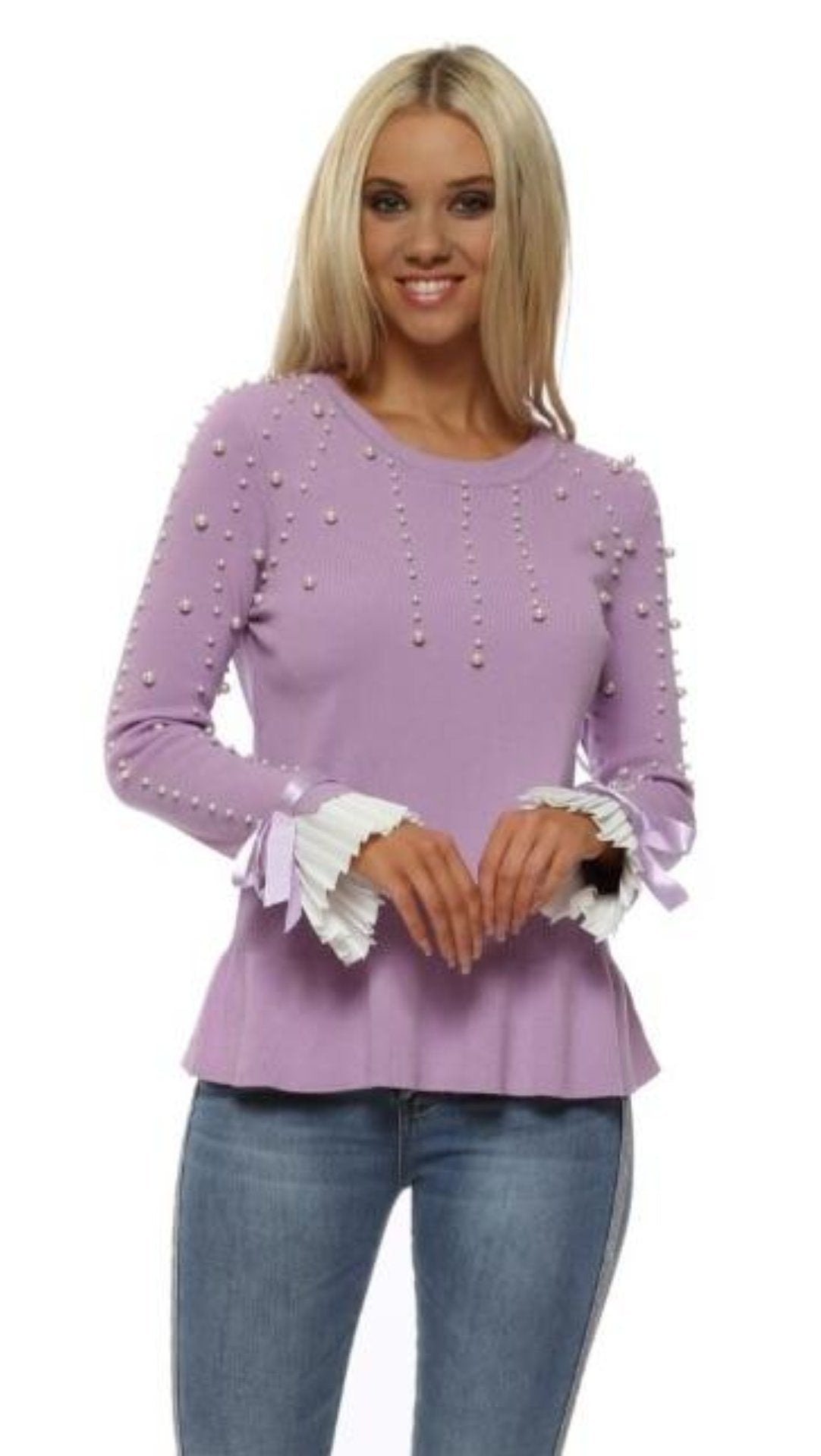 Lilac Pearl and Bow Sleeve Detailed Jumper